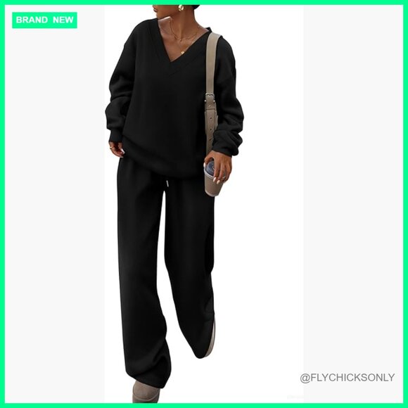V Neck Sweatshirt and Wide Leg Pants Two Piece Set
